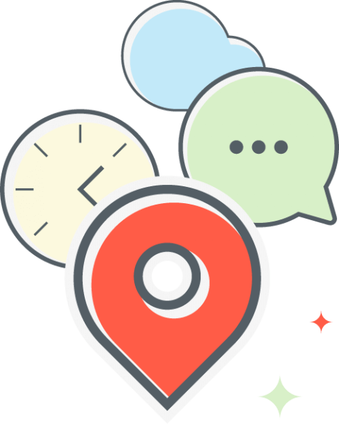 A map pin with a clock and speech bubbles.