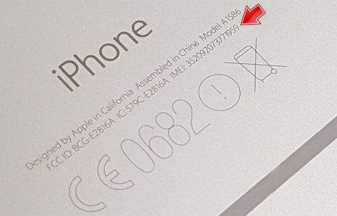 The back of an iPhone with a red arrow pointing to it, highlighting the IMEI number.