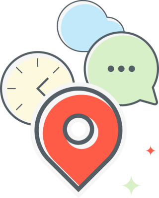 A map pin with a clock and speech bubbles.