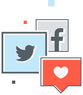 Social media icons with a heart and a bird.